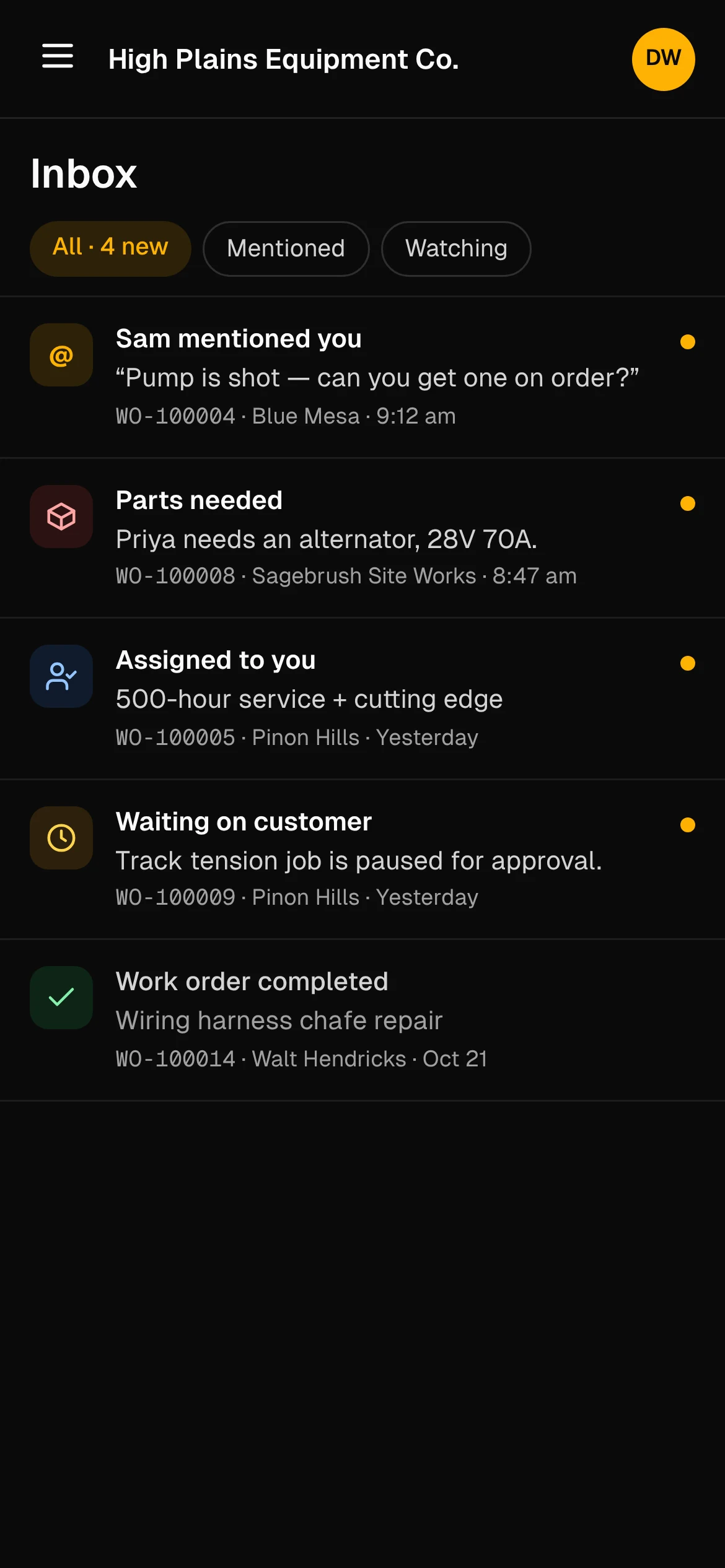Dozer inbox on a phone with mentions, parts needed and assignments