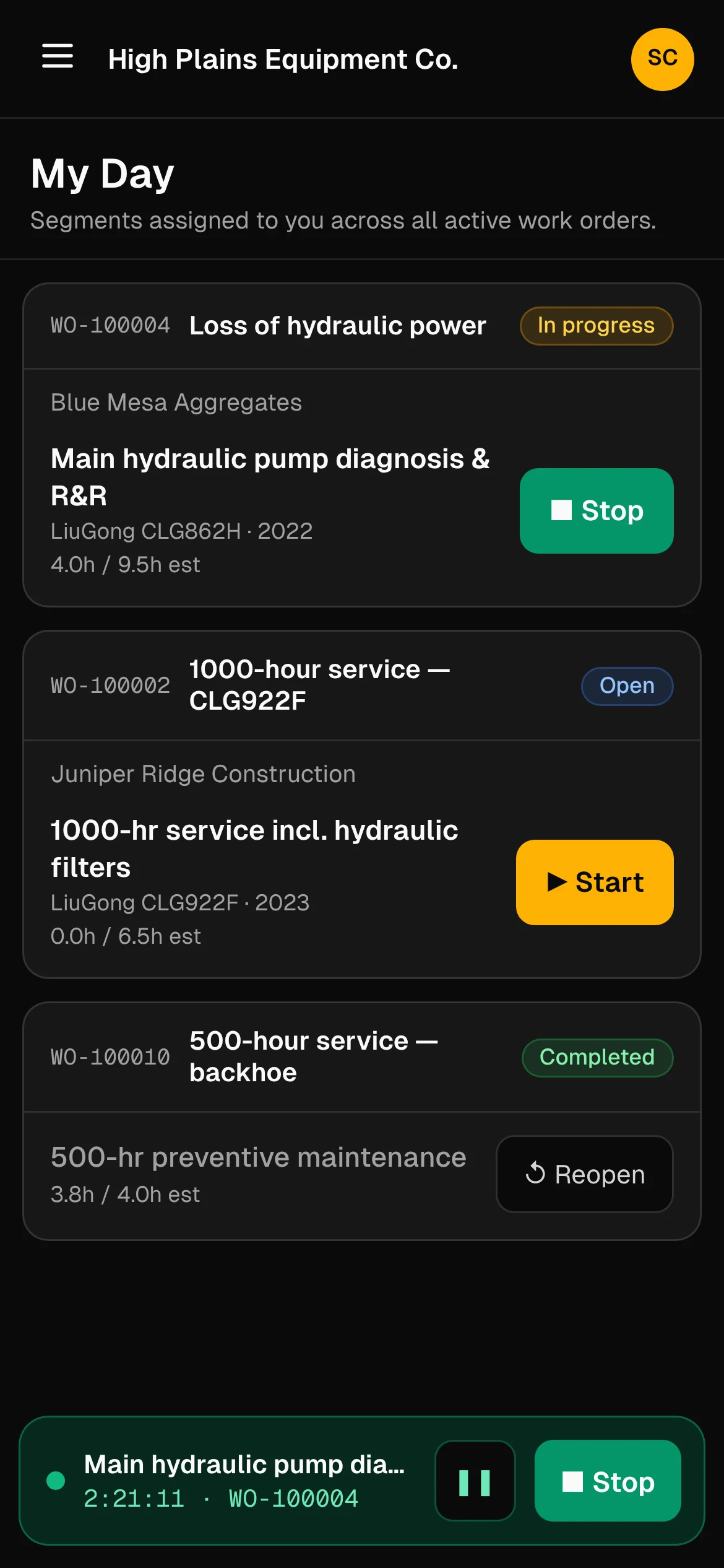 Dozer My Day on a phone listing one technician's assigned segments