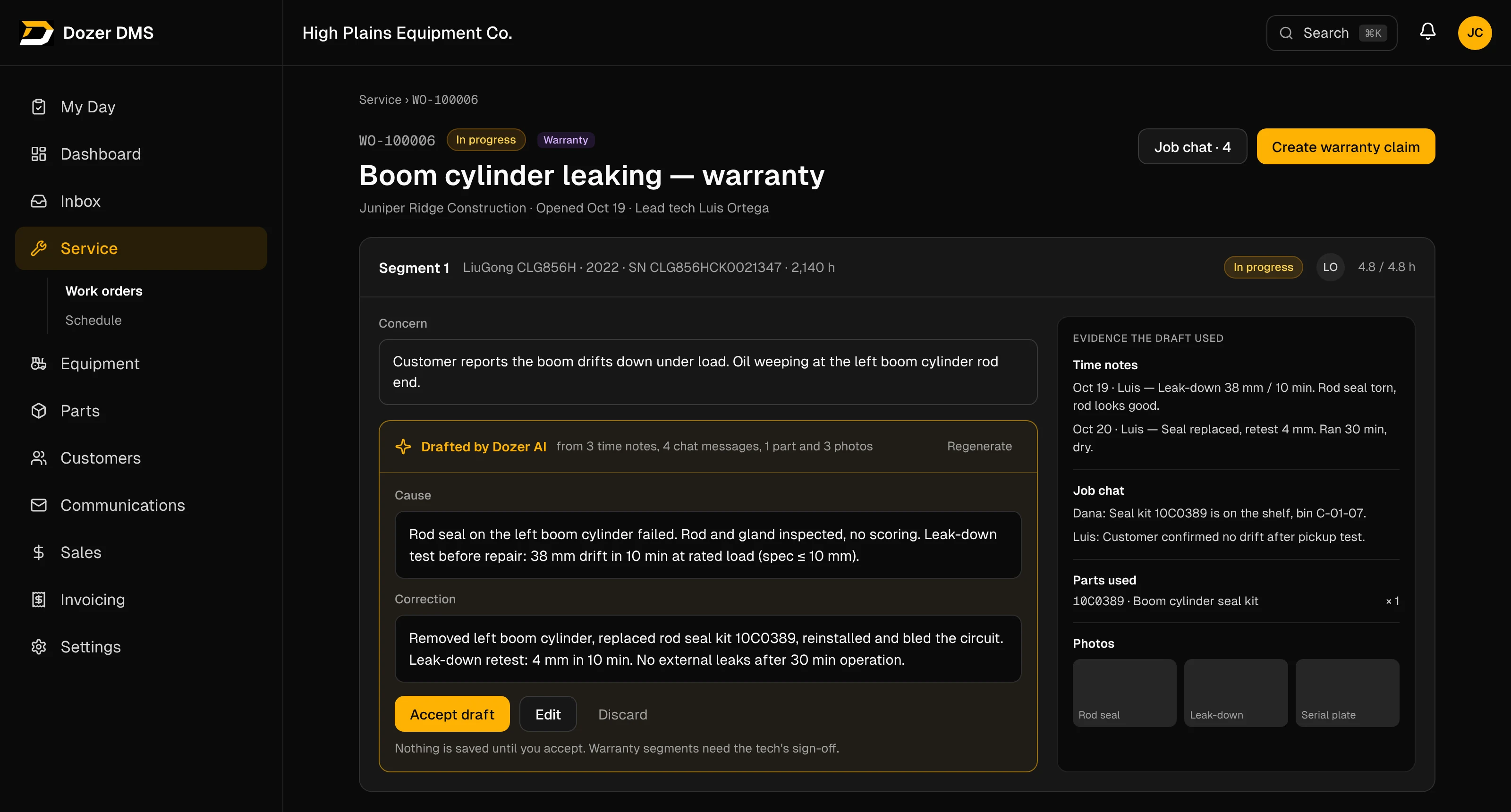 Preview of a planned feature: an AI-drafted write-up on a work order segment, waiting for the service writer to edit and approve