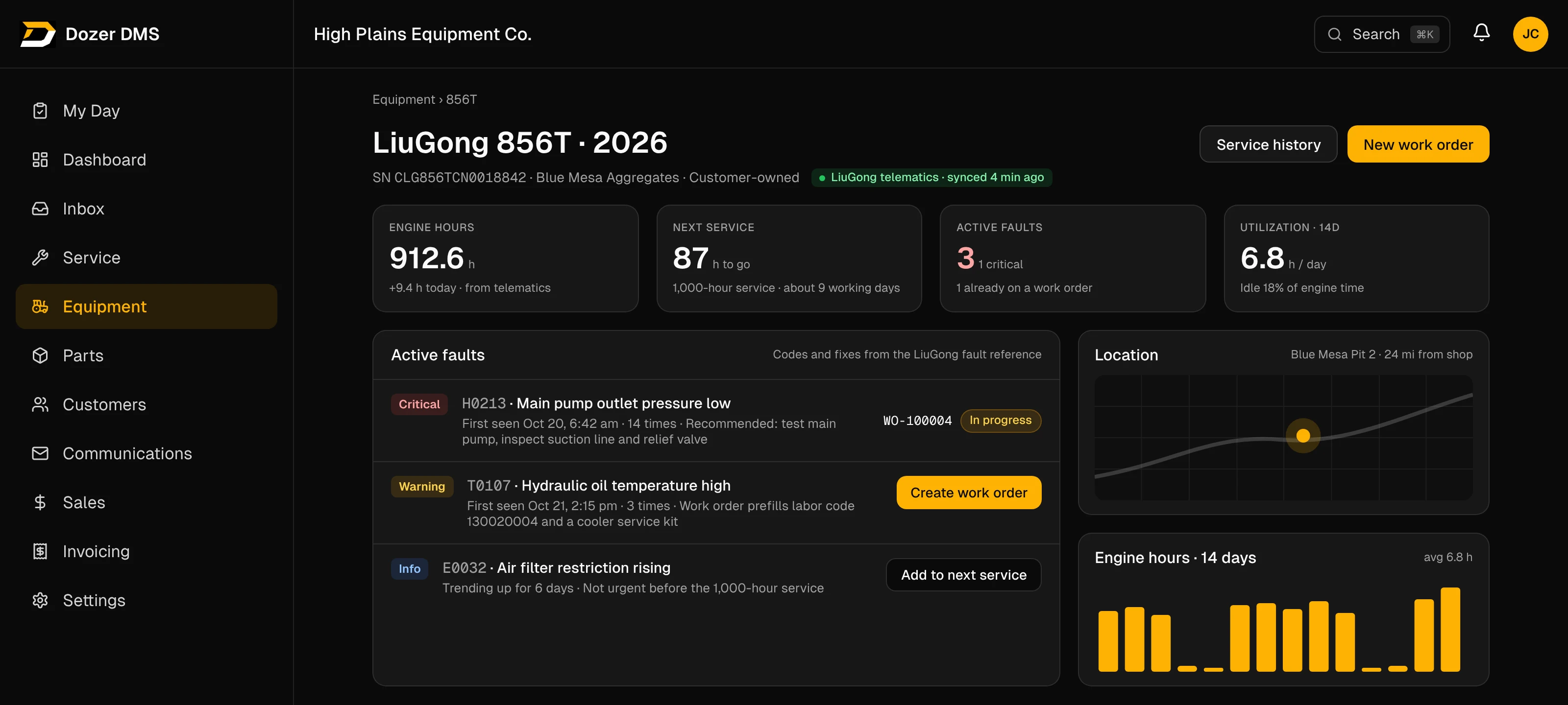 Preview of a planned feature: a machine record showing telematics hours and fault codes