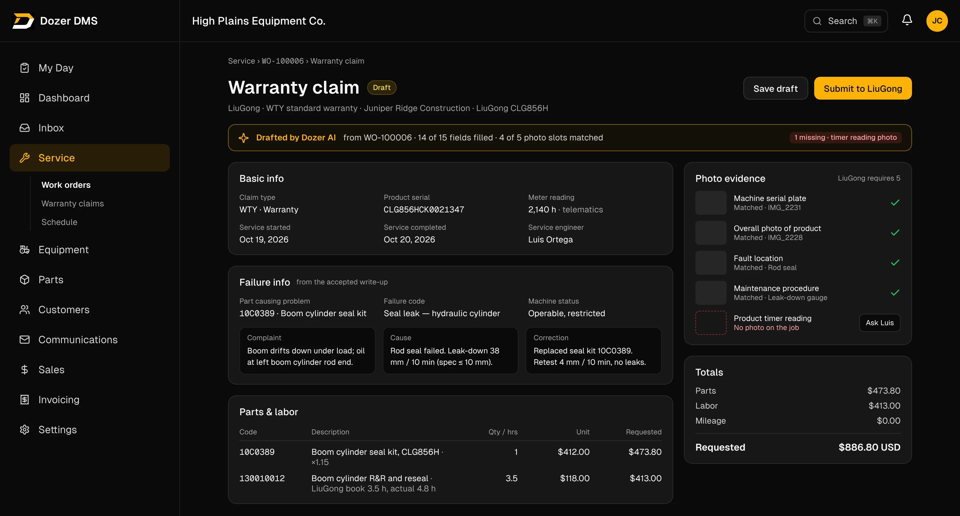 Preview of a planned feature: a warranty claim assembled from a work order's time, parts and photos