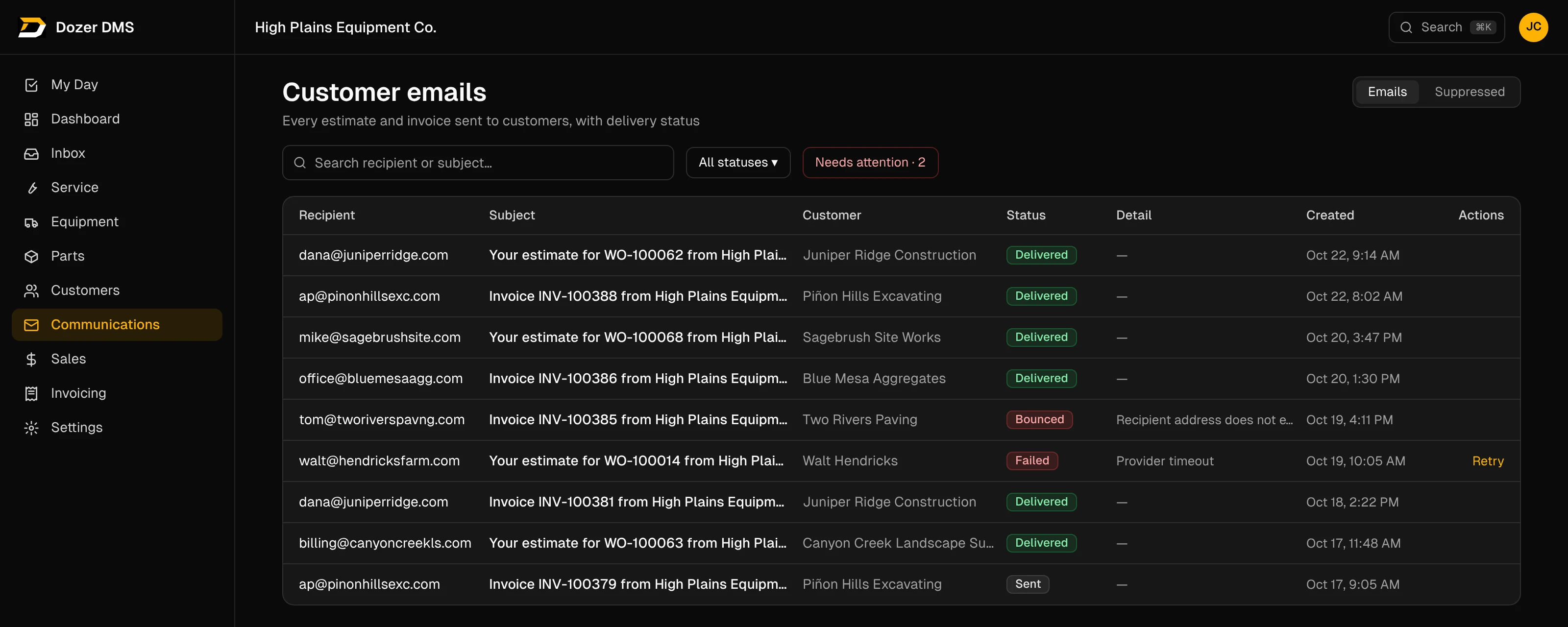 Dozer customer emails page listing estimates and invoices sent, each with a delivery status