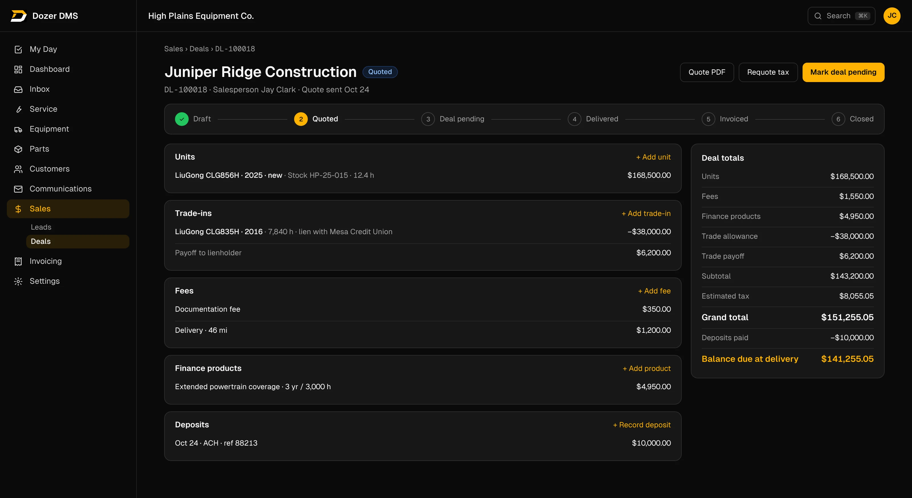 Dozer deal builder with unit, trade-in, fees and finance lines and a totals sidebar