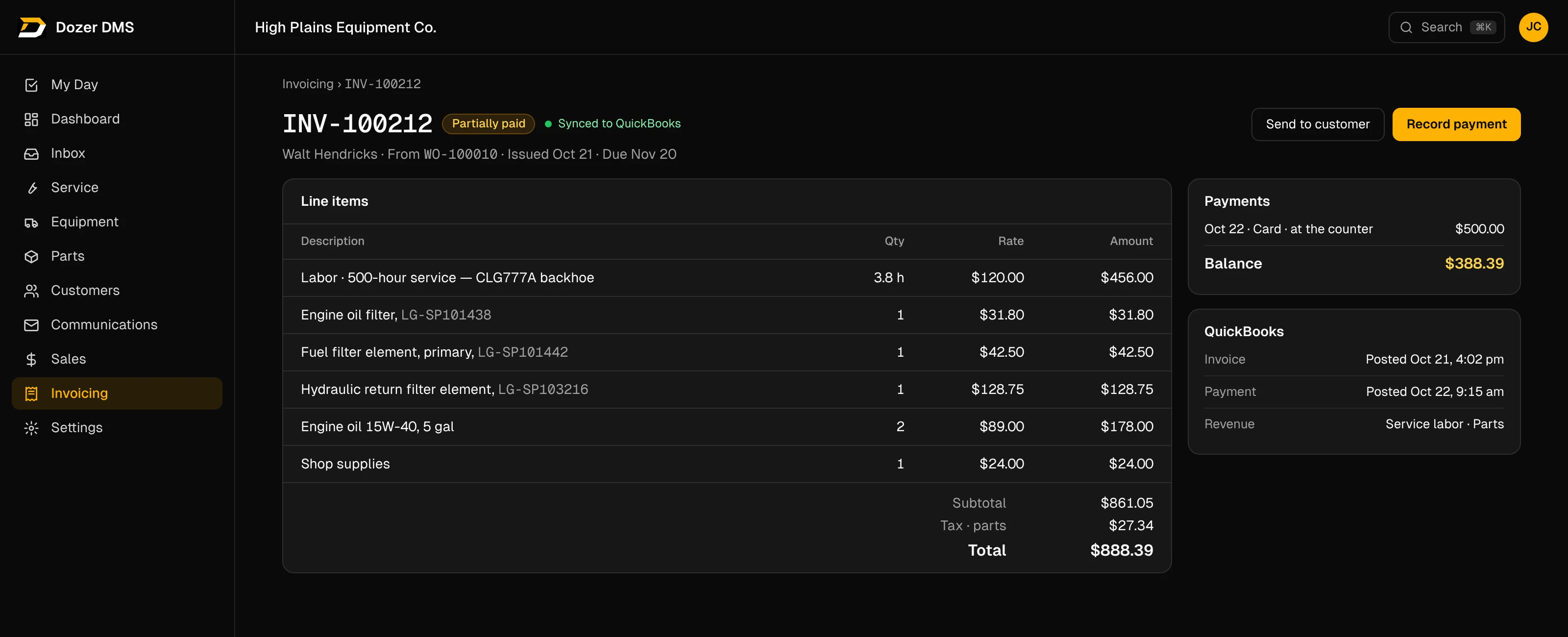 Dozer invoice with line items, payments and a balance due